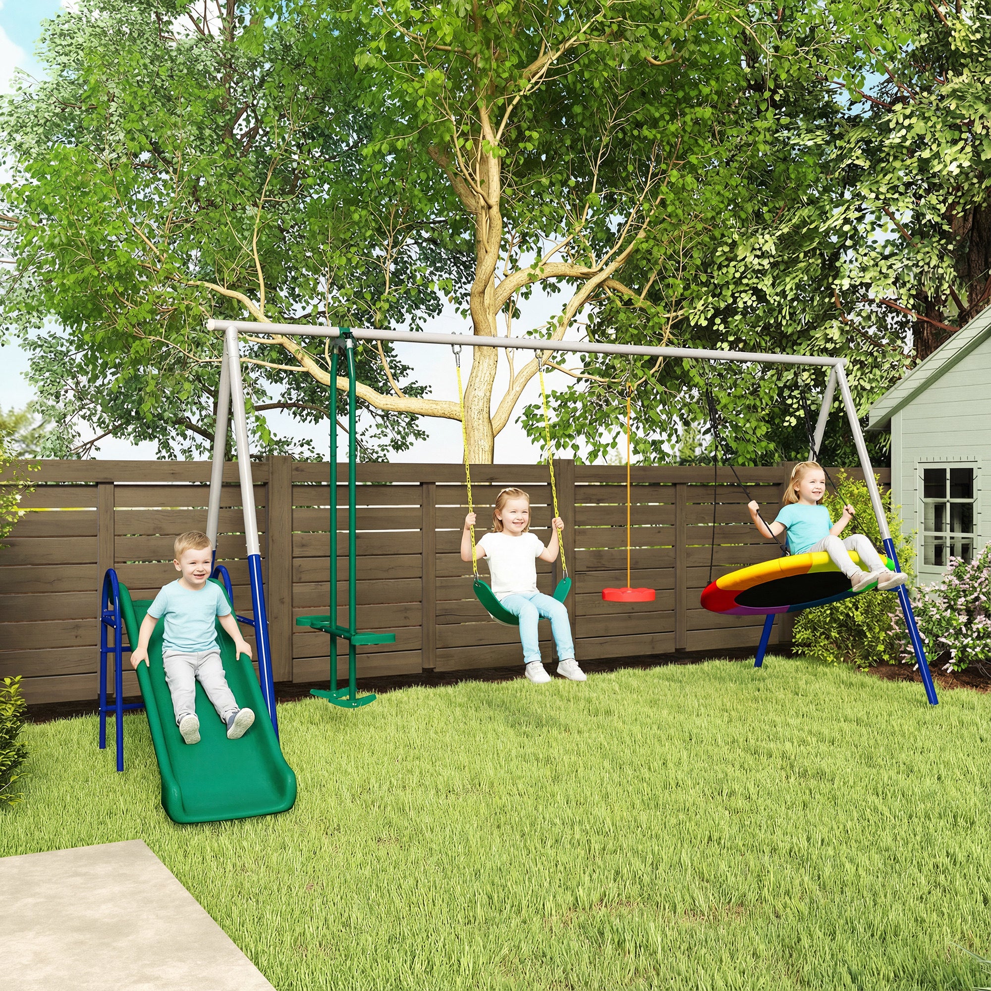 Qaba 5-in-1 Kids Swing Set with Slide, Swings and Glider for Backyard, 770lbs Capacity, for Ages 3-8, Mixed Color