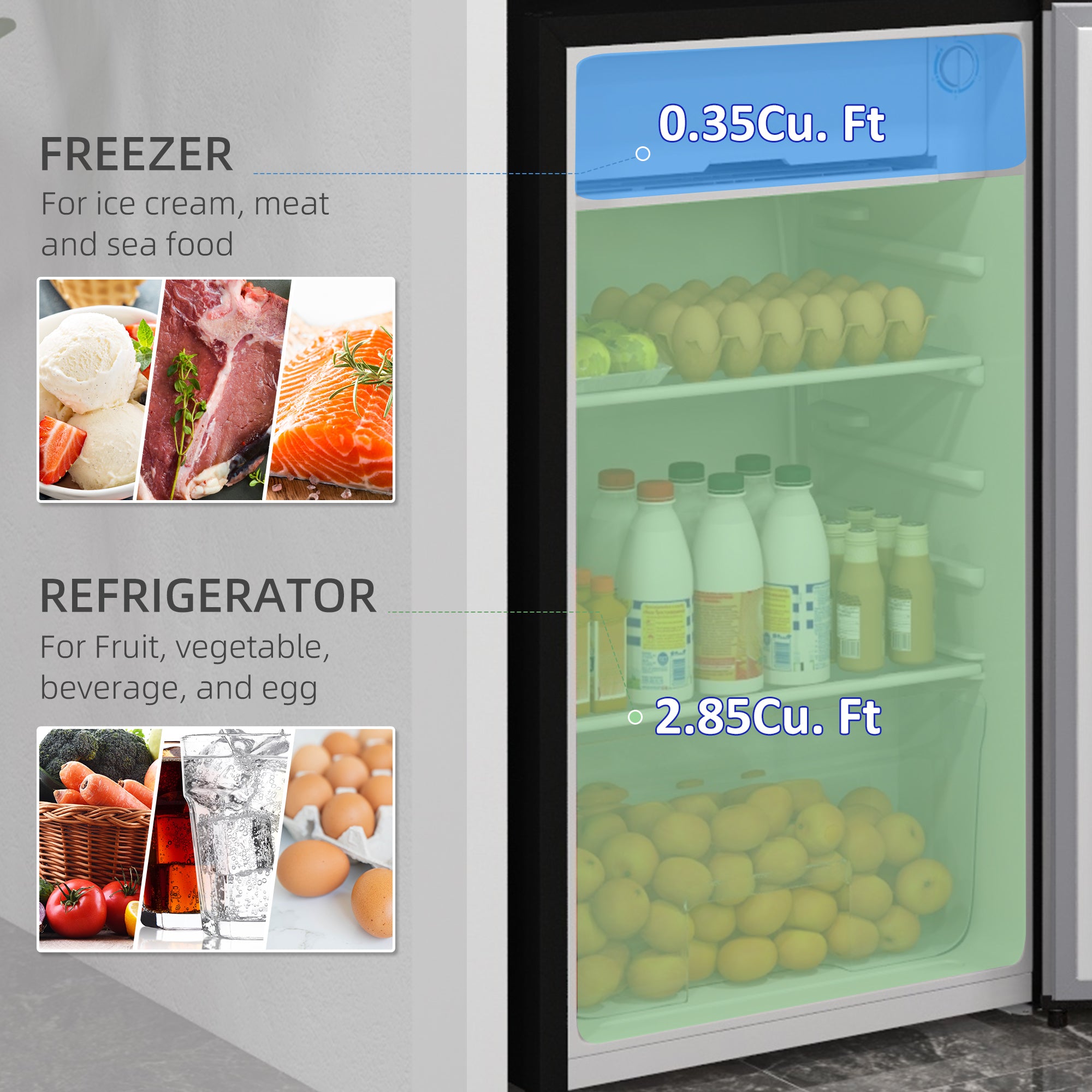 HOMCOM 3.2 Cu.Ft Mini Fridge with Freezer, Compact Refrigerator with Adjustable Thermostat, Shelf and Single Reversible Door for Bedroom, Dorm, Home Office, Energy Efficient, Silver