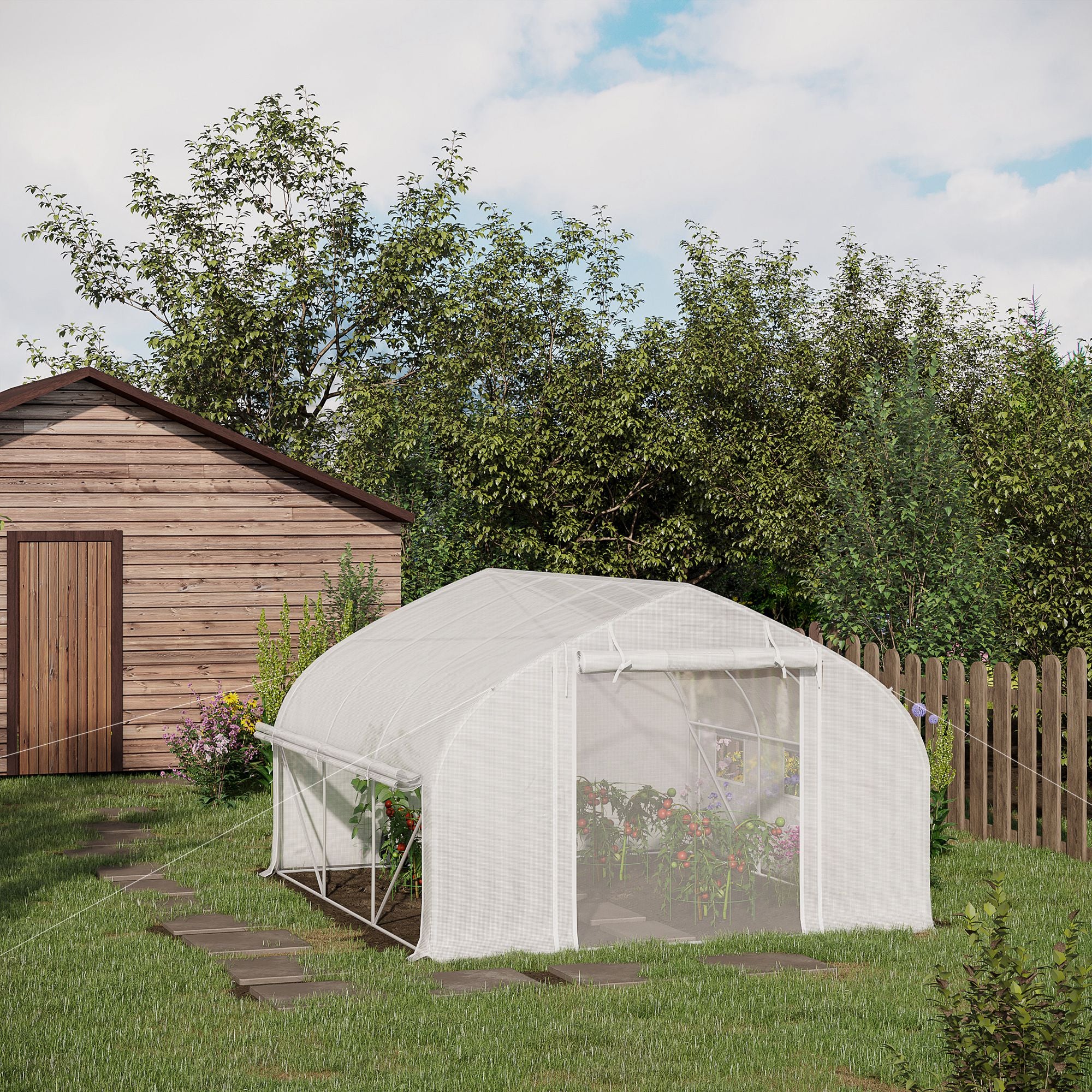 Outsunny 11.5' x 10' x 6.5' Walk-in Tunnel Greenhouse, Green House with Zippered Mesh Door, 7 Mesh Windows & Roll-up Sidewalls, Upgraded Gardening Plant Hot House with Galvanized Steel Hoops, White