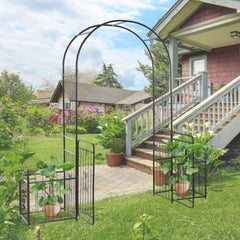 Outsunny 86" Garden Arch Arbor, Metal Arch Trellis with Gate and Planter Baskets, Garden Archway for Climbing Vines, Wedding Ceremony Decoration, Flourishes & Arrow Tips, Black