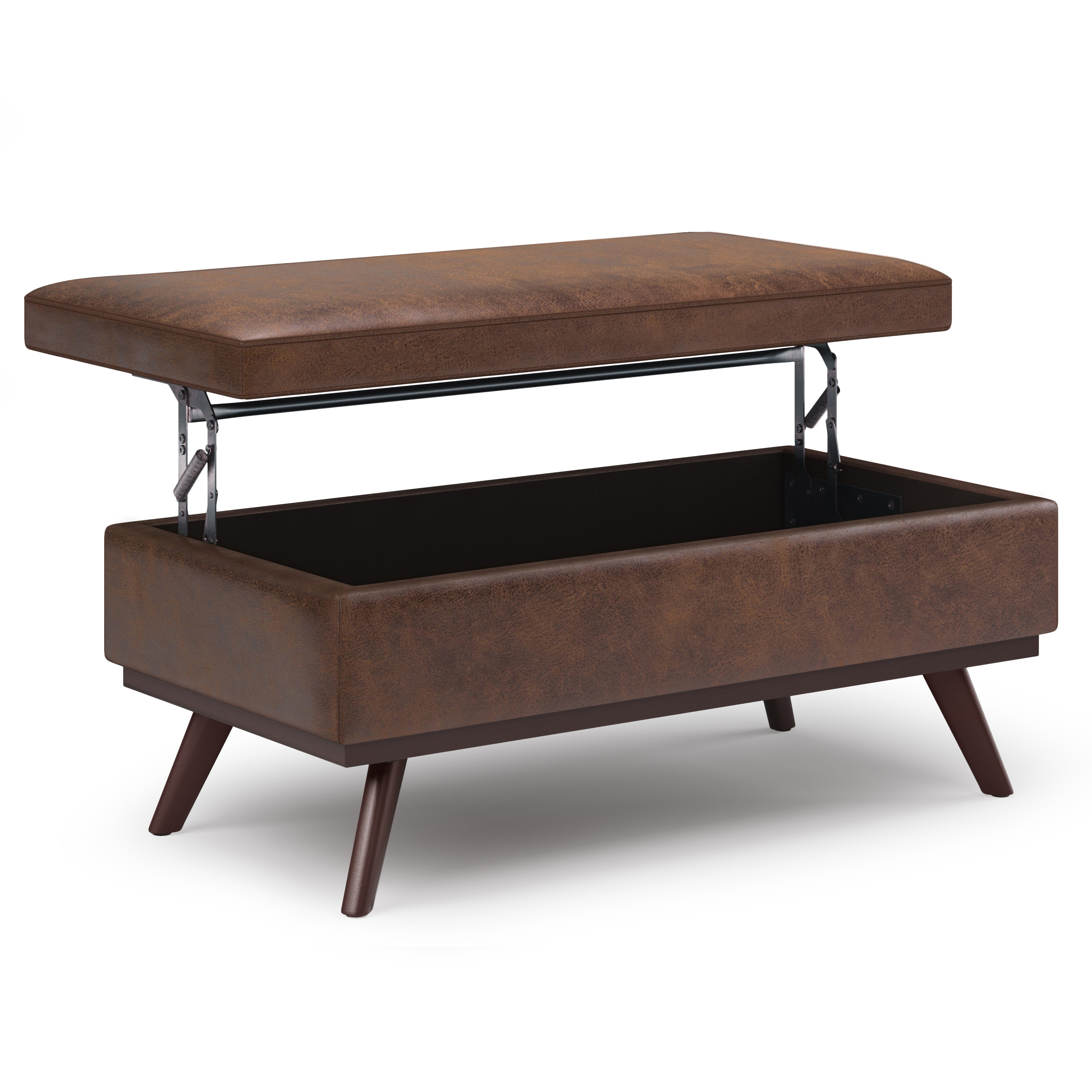 Owen 42 inch Wide Lift Top Large Coffee Table Storage Ottoman in Distressed Chestnut Brown Vegan Leather