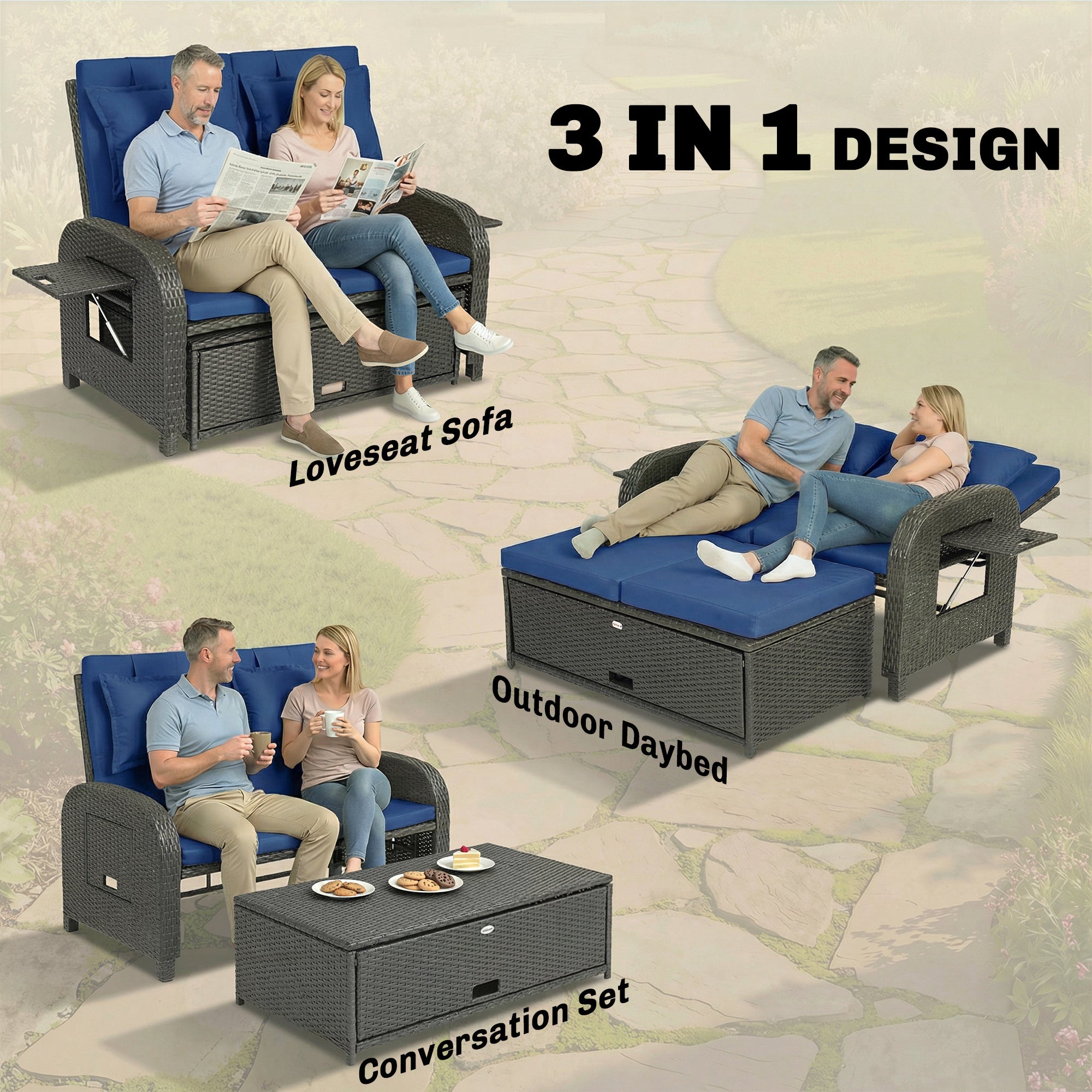 Outsunny Patio Rattan Daybed, Wicker Outdoor Daybed with Storage Ottoman, Loveseat w/ Adjustable Backrest, Navy Blue