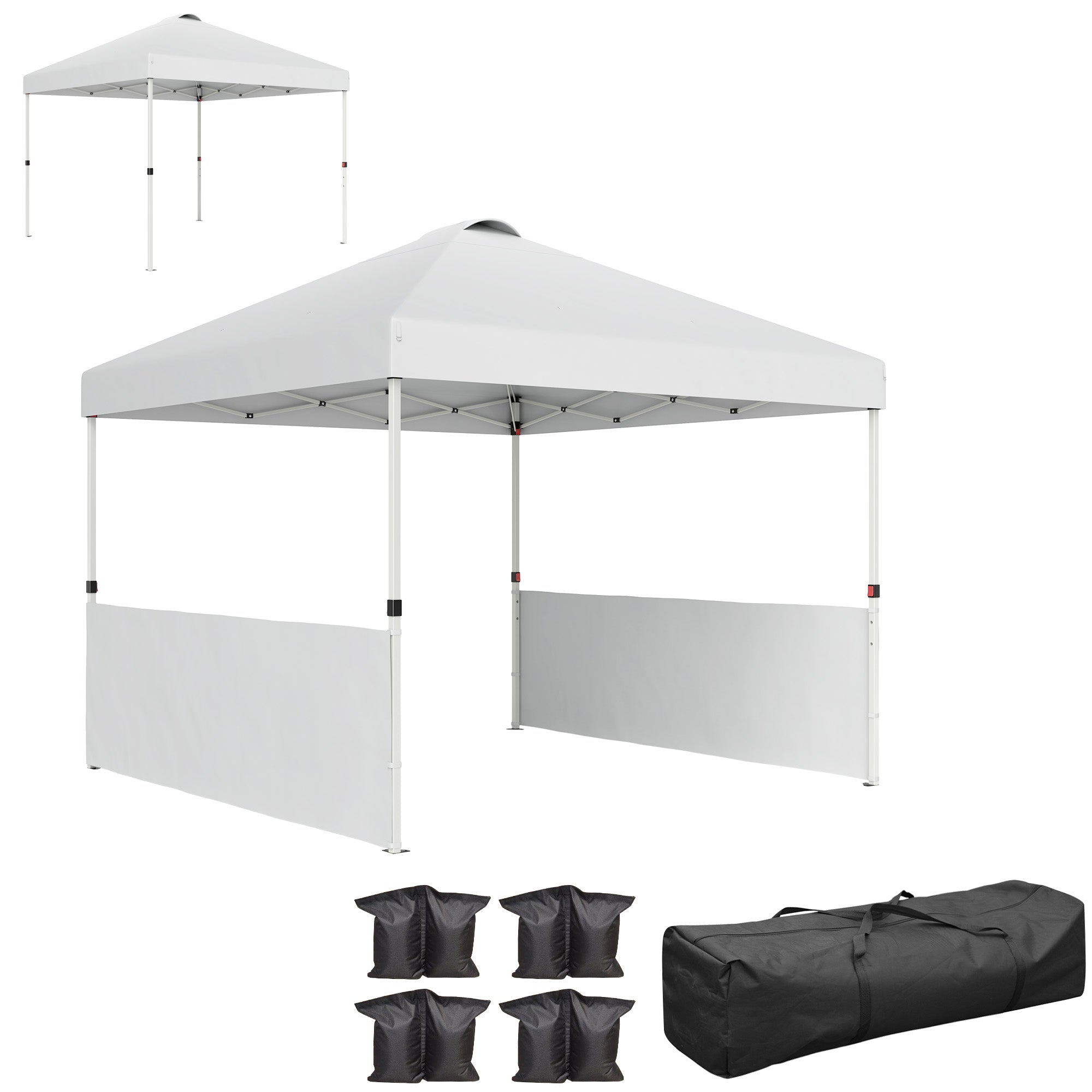 Outsunny 10' x 10' Pop Up Canopy Tent with 2 Half Sidewalls, UV50+ Instant Sun Shelter with Wheeled Carry Bag, White