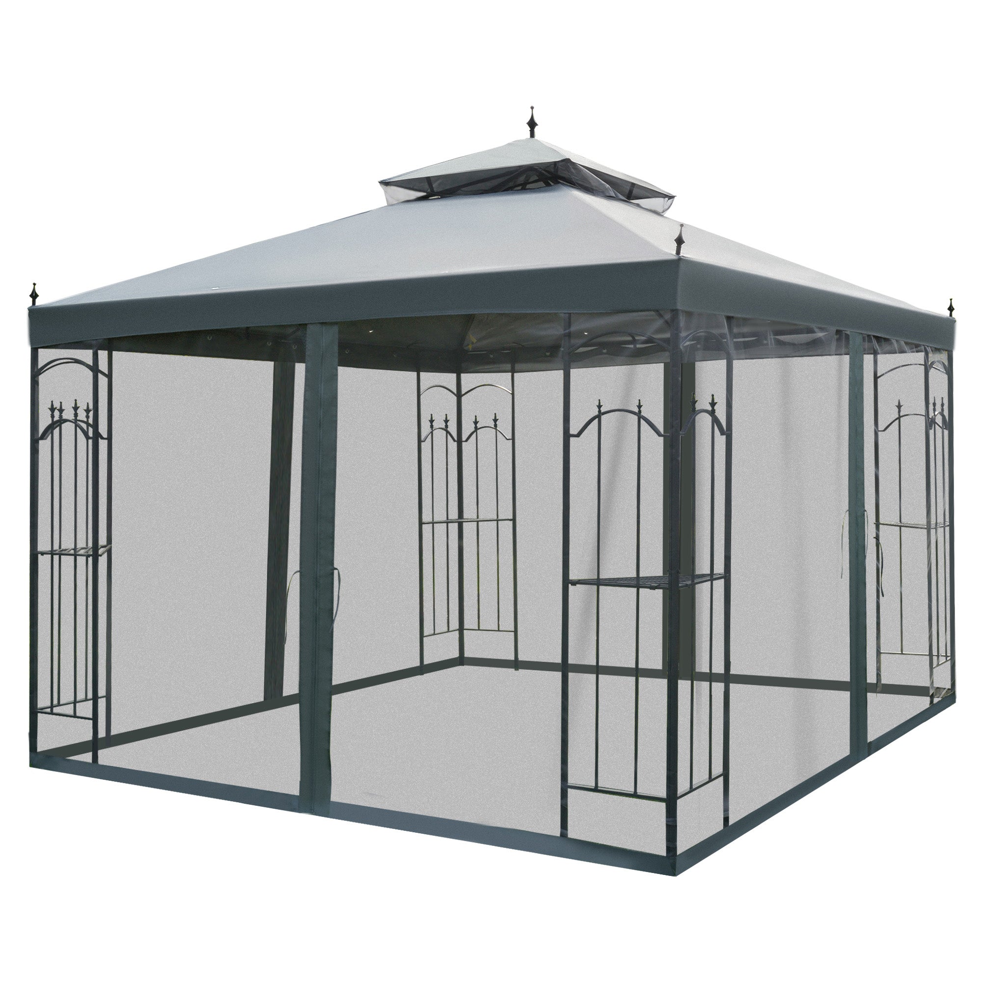 Outsunny 118" x 118" Steel Outdoor Patio Gazebo Canopy with Removable Mesh Curtains, Display Shelves, & Steel Frame, Gray