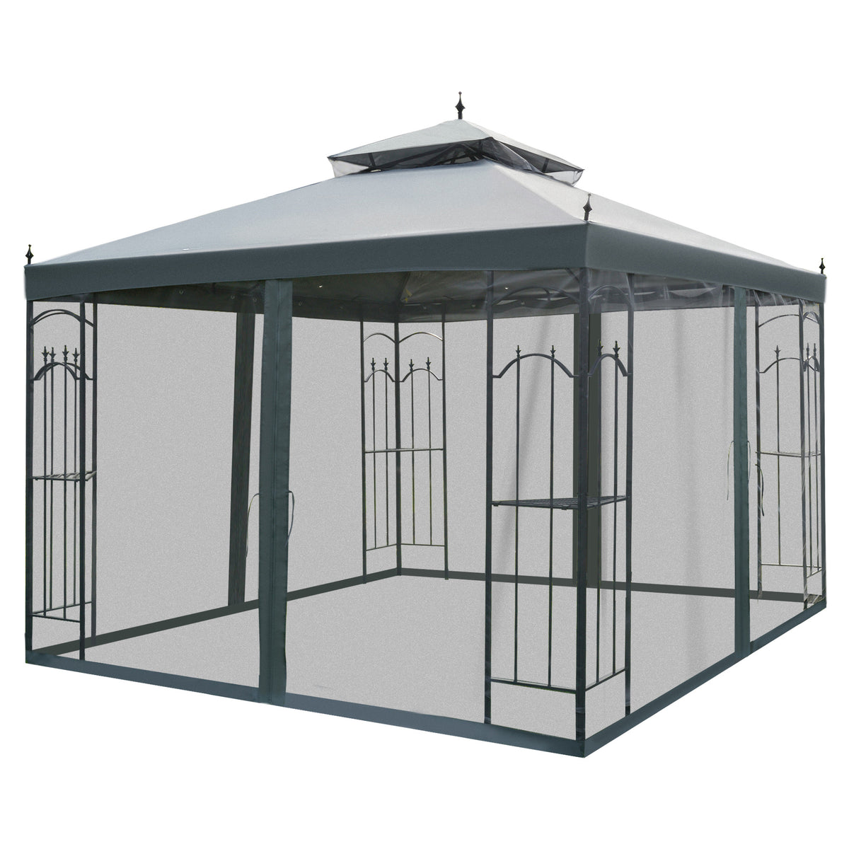 Outsunny 118" x 118" Steel Outdoor Patio Gazebo Canopy with Removable Mesh Curtains, Display Shelves, & Steel Frame, Gray