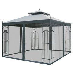 Outsunny 118" x 118" Steel Outdoor Patio Gazebo Canopy with Removable Mesh Curtains, Display Shelves, & Steel Frame, Gray