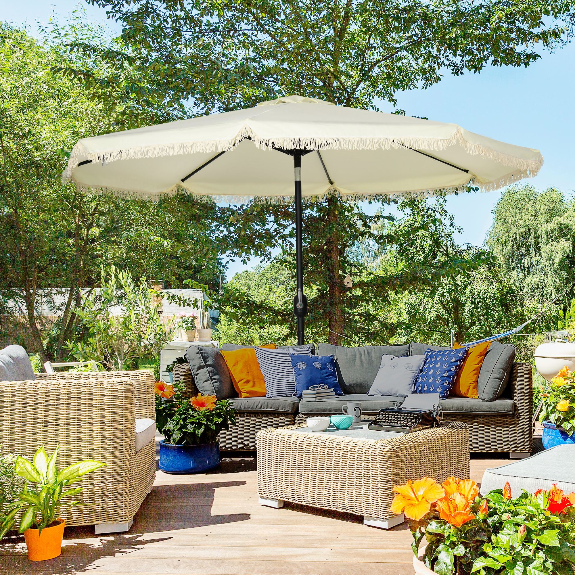 Outsunny 9 ft Cantilever Umbrella with Push Button Tilt and Crank Tassles and 8 Ribs Shade Umbrellas for Garden