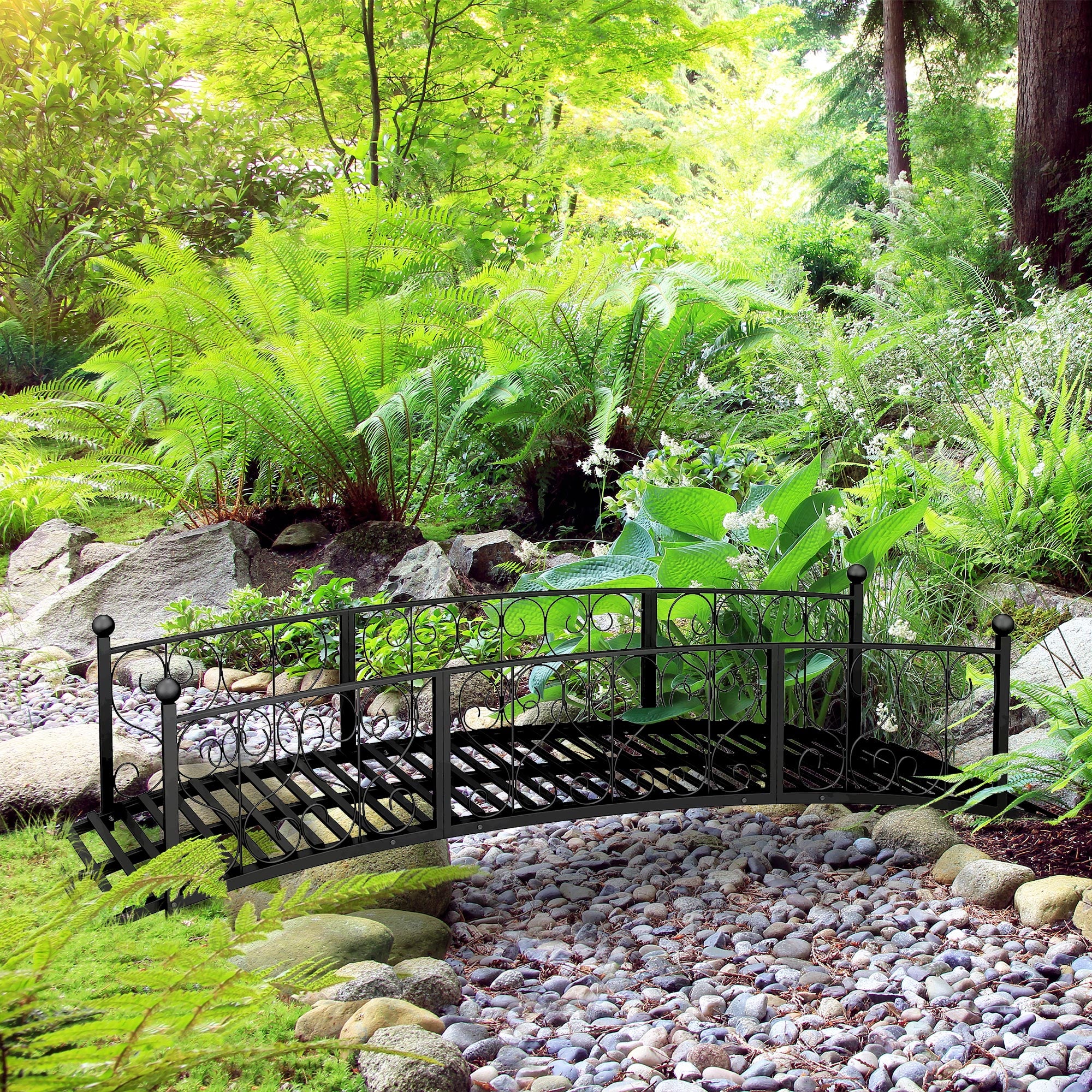Outsunny 7' Metal Arch Garden Bridge Arc Footbridge with Side Railings Decorative Scrollwork, Black