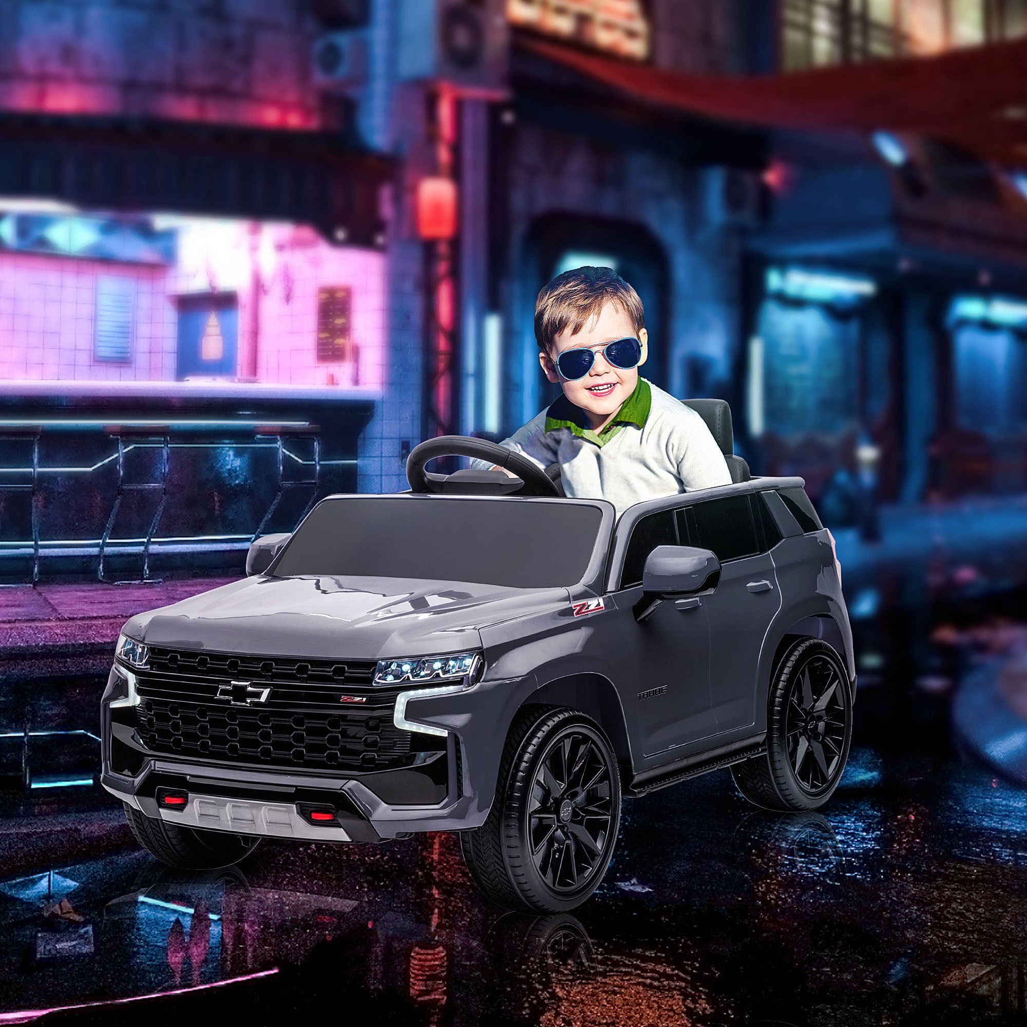 Aosom Licensed Chevrolet Tahoe Ride On Car, 12V 7AH Battery Power Ride On Toy with Parent Remote Control, LED Lights, Music, 4 Wheeler Suspension, 3 Speeds, Kids Electric Vehicle for Aged 3+, Gray