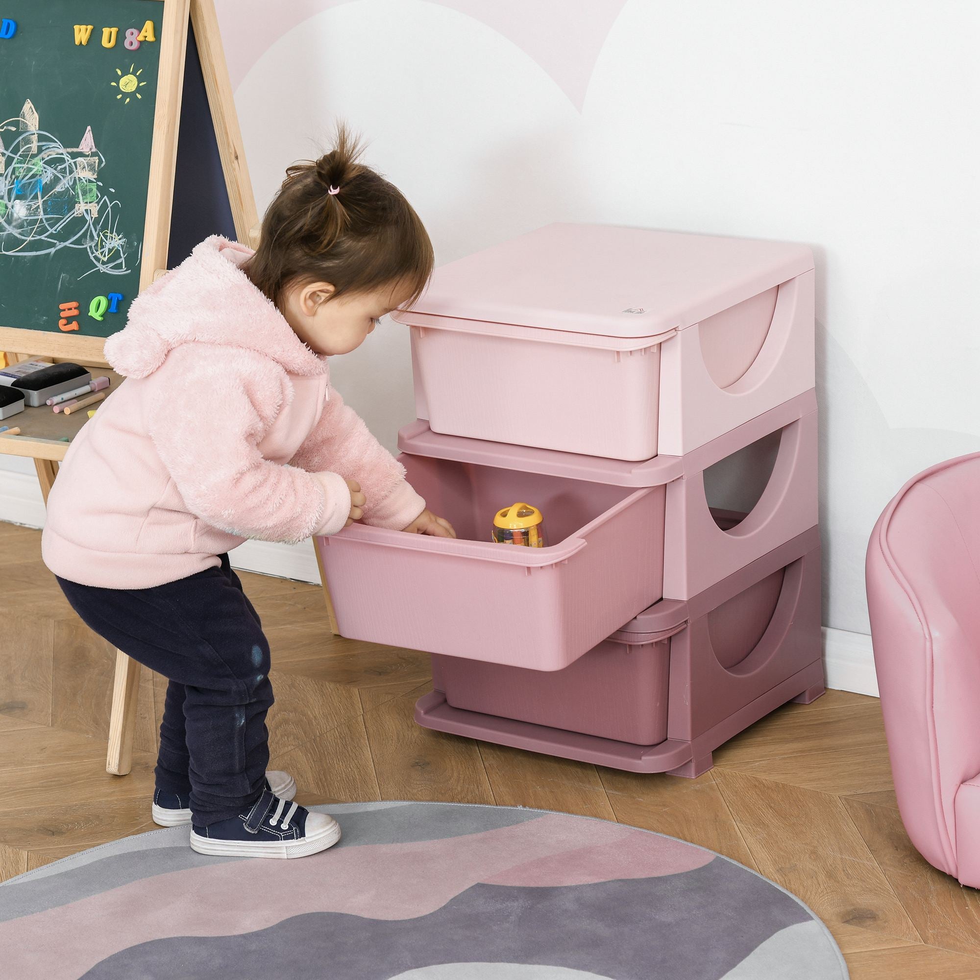 Qaba 3 Tier Kids Storage Unit, 3 Drawer Chest Toy Organizer Plastic Bins for Kids Bedroom Nursery Kindergarten Living Room for Boys Girls Toddlers, Pink