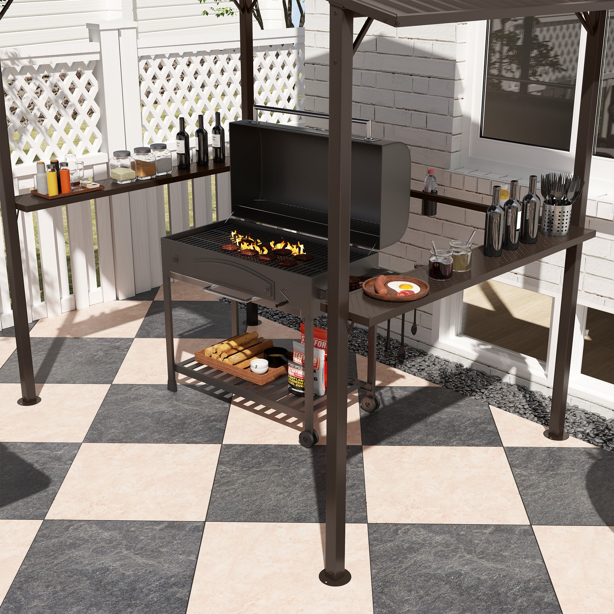 Outsunny 8 x 5ft Hardtop Grill Gazebo with Double Metal Roof, 2 Side Shelves and 4 Cup Holders for Patio Backyard Lawn Deck