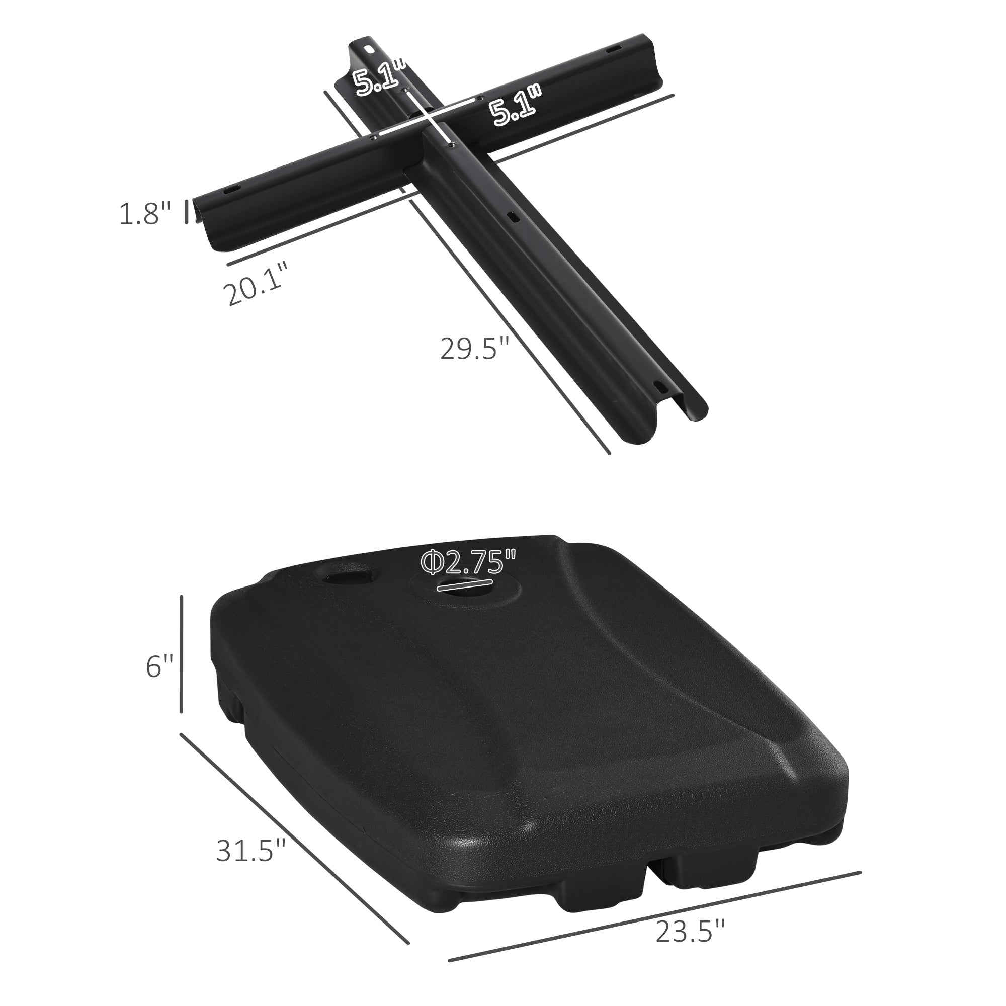 Outsunny Cantilever Offset Umbrella Base Portable Square Parasol Weights with Wheels, Water and Sand Filled, Up to 165 lbs, Black