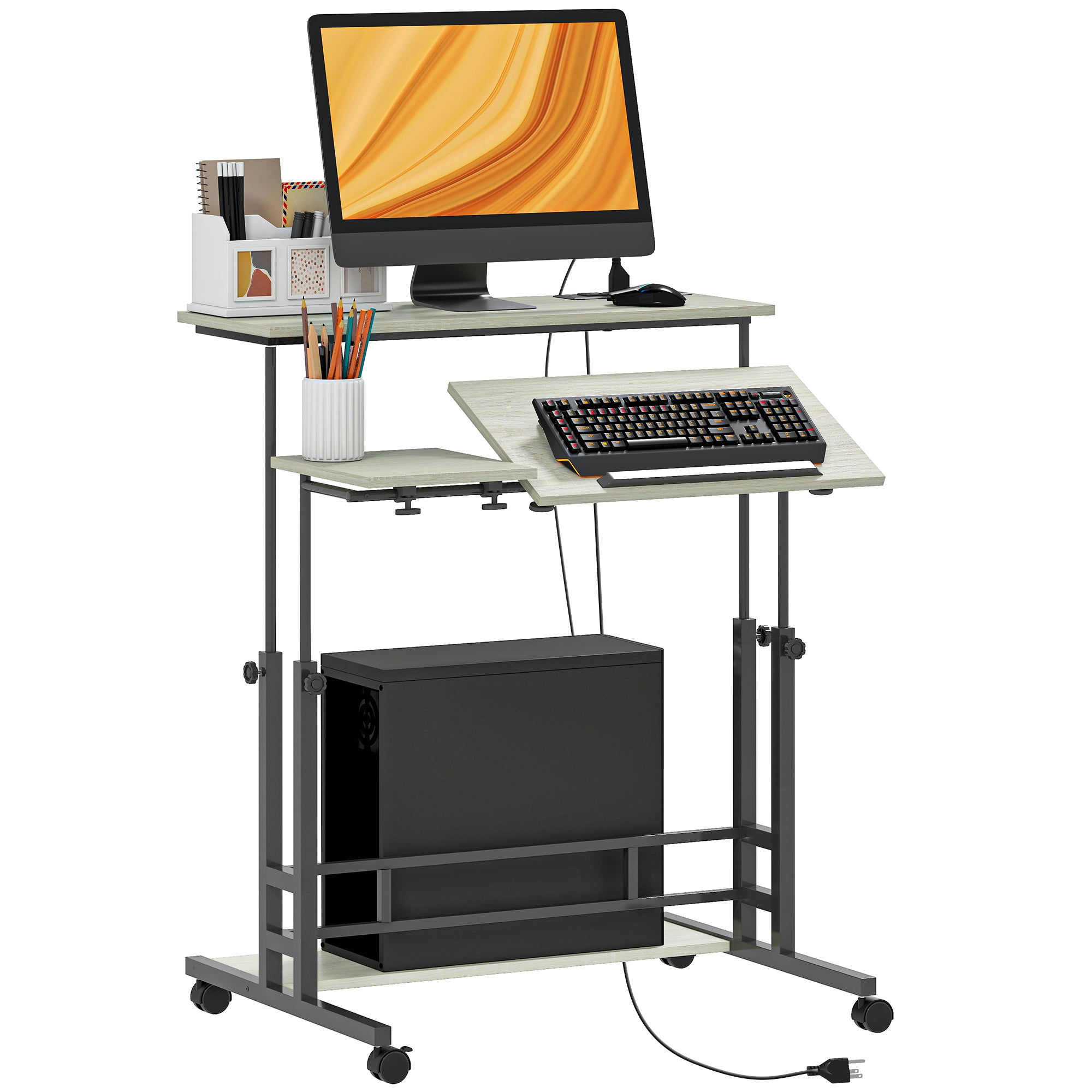HOMCOM Adjustable Standing Desk with Power Outlets, Stand Up Desk with Tiltable Tabletop, Wheels, Shelf, for Home Office, Oak