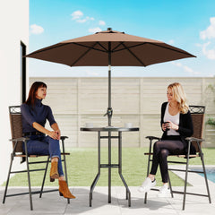 Outsunny 4 Piece Outdoor Bar Set with Umbrella, Patio Dining Set with 2 Folding Chairs, Wave Textured Tempered Glass Table for Backyard, Garden, Deck, Poolside, Brown
