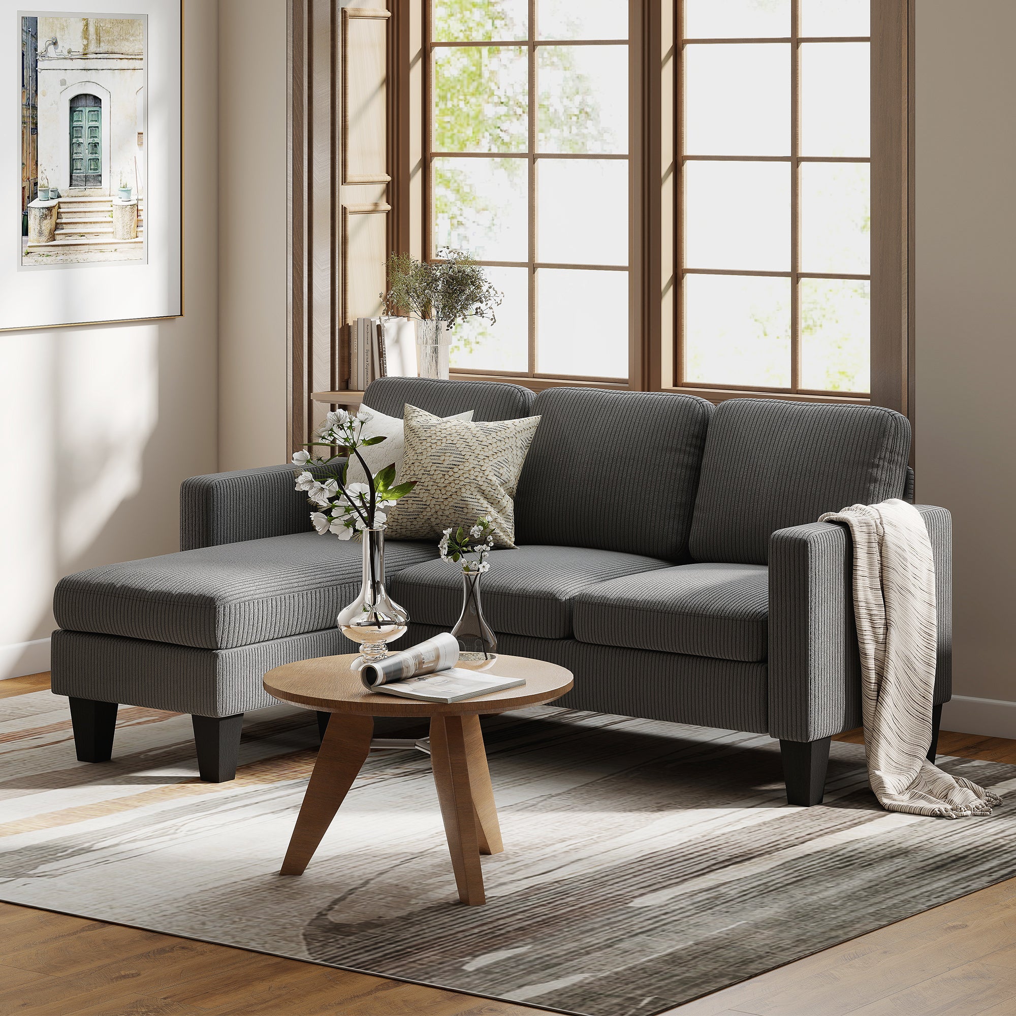 HOMCOM Sectional Sofa, L Shaped Couch, with Reversible Chaise or Ottoman, Dark Gray