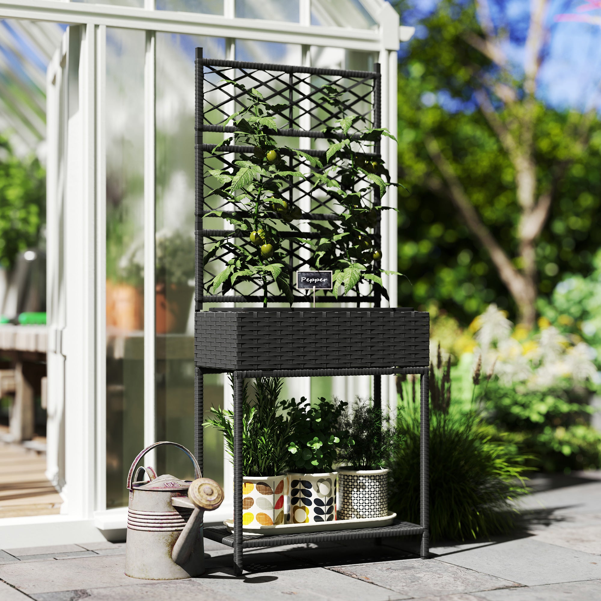 Outsunny Outdoor Wicker Planter with Trellis for Climbing Plants, Freestanding Rattan Garden Box with Storage Shelf, Black